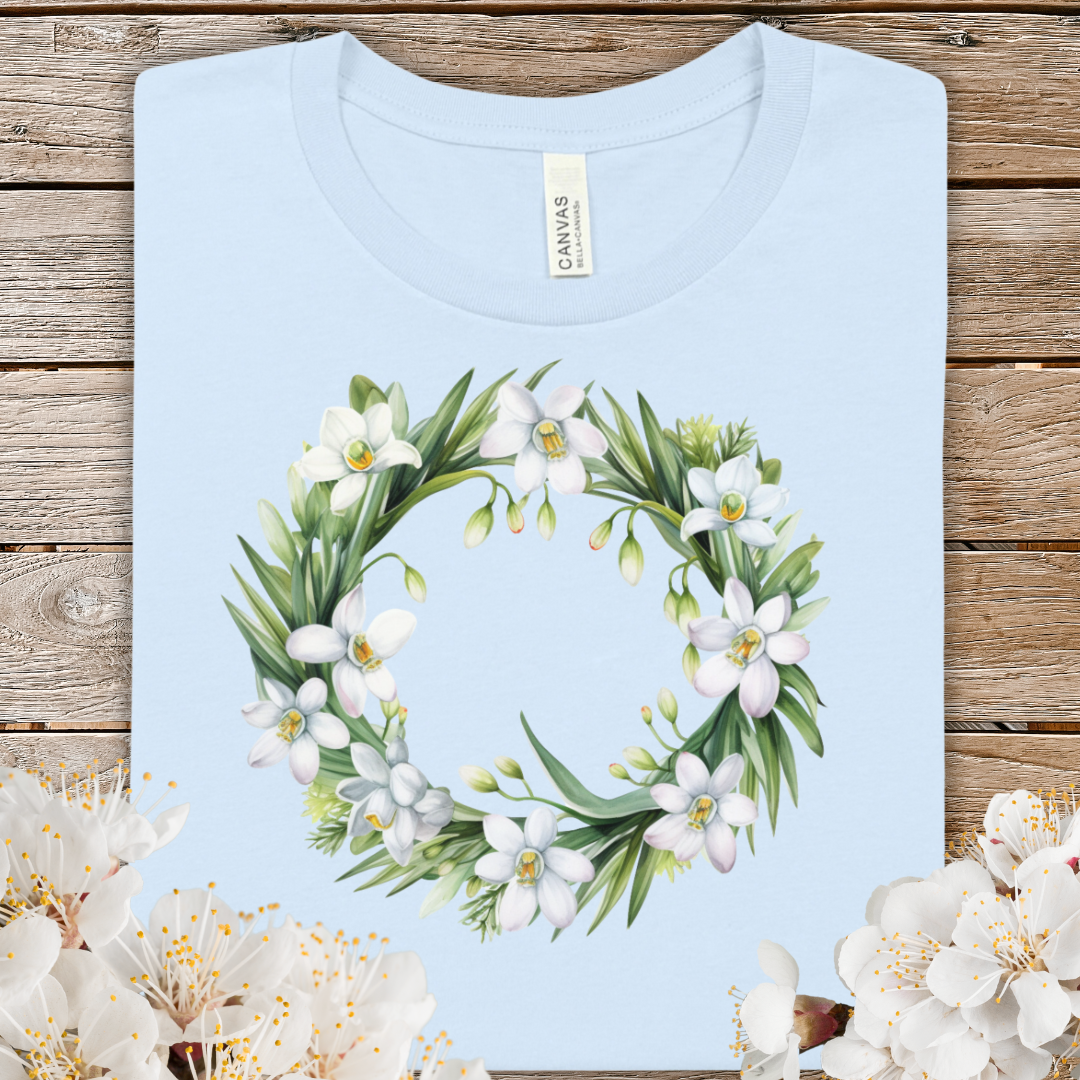 Spring Floral Wreath Tee — White Jasmine Botanical T-Shirt