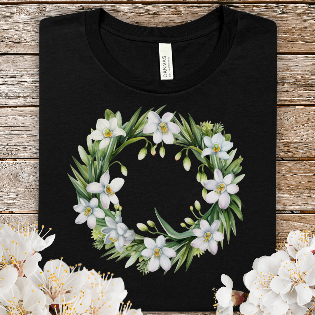 Spring Floral Wreath Tee — White Jasmine Botanical T-Shirt