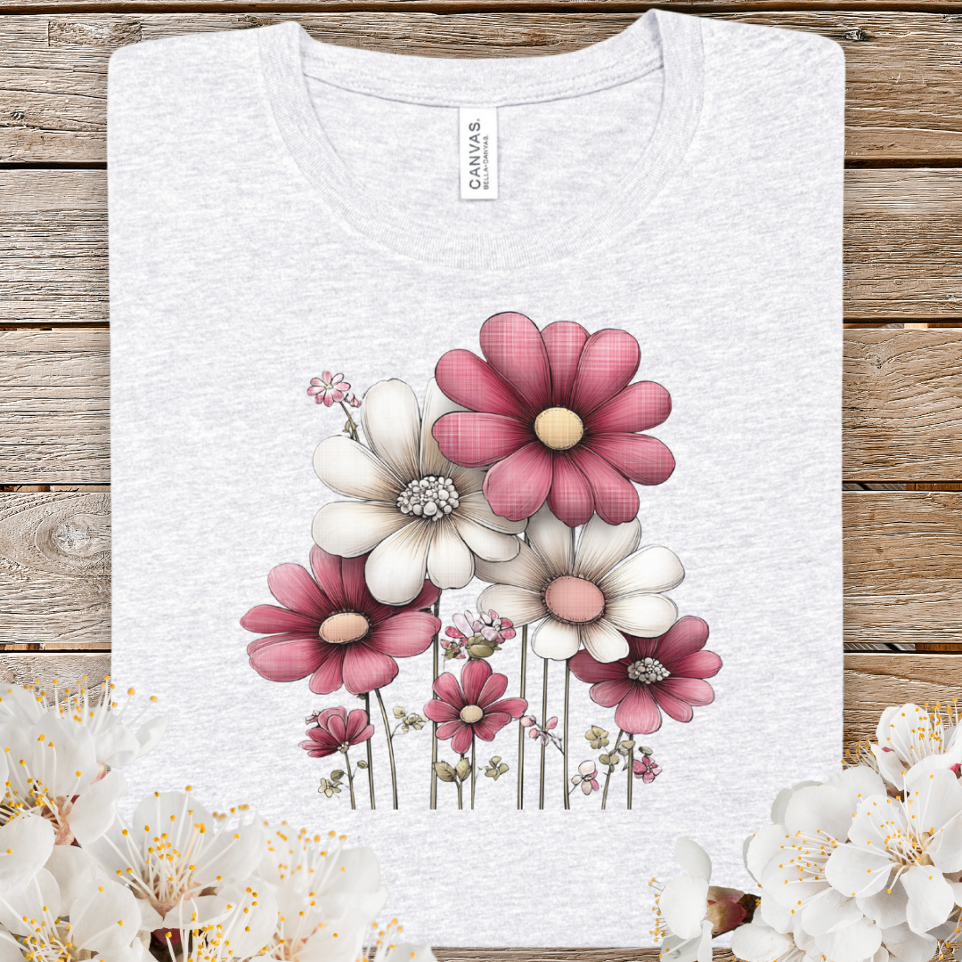 Spring Pink Daisies Floral Tee — Vintage Garden Flower Shirt