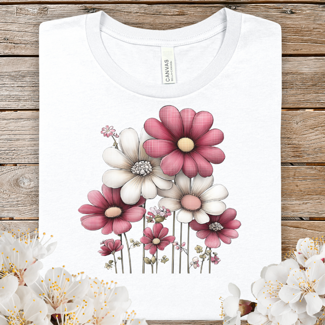 Spring Pink Daisies Floral Tee — Vintage Garden Flower Shirt