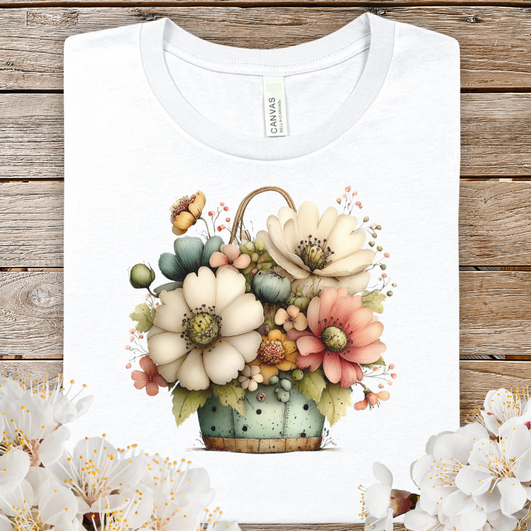 Spring Floral Basket Tee — Vintage Pastel Flower Bouquet T-Shirt