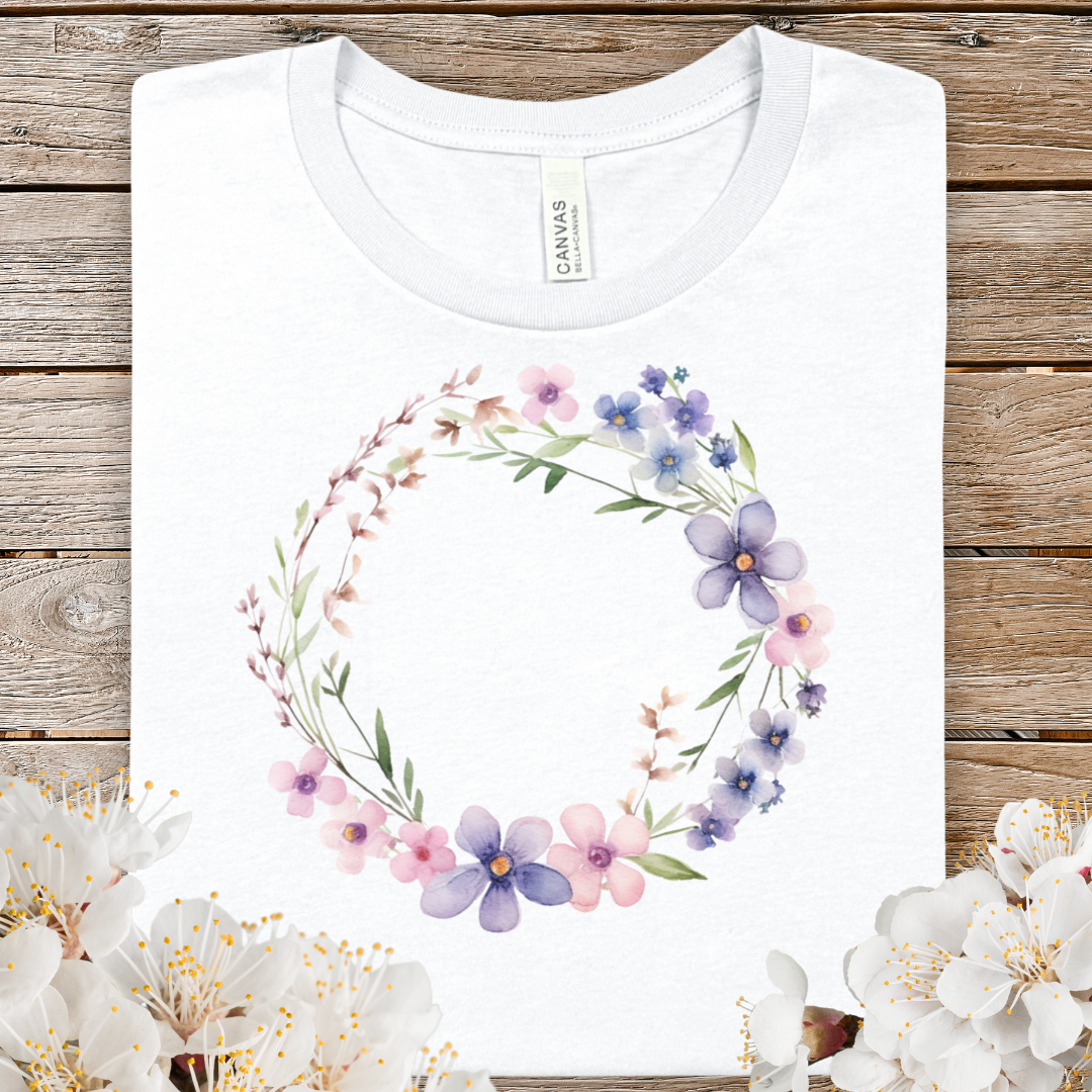 Spring Watercolor Floral Wreath Tee — Pastel Purple & Pink Flower Circle T-Shirt