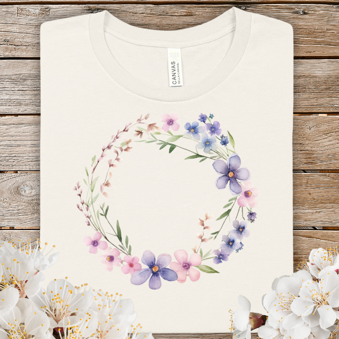 Spring Watercolor Floral Wreath Tee — Pastel Purple & Pink Flower Circle T-Shirt