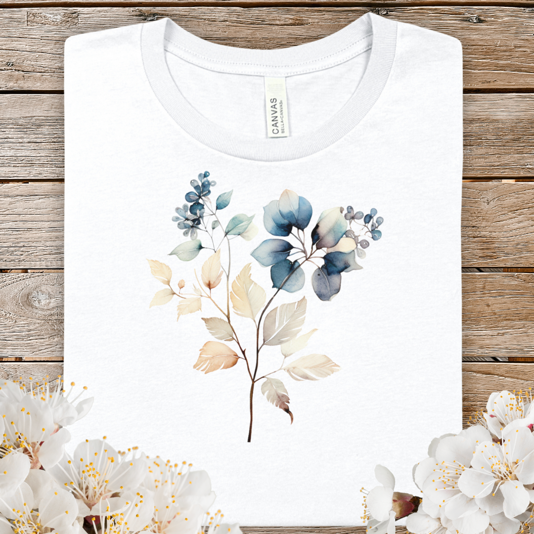 Spring Floral Watercolor Tee — Blue & Neutral Botanical Graphic T-Shirt