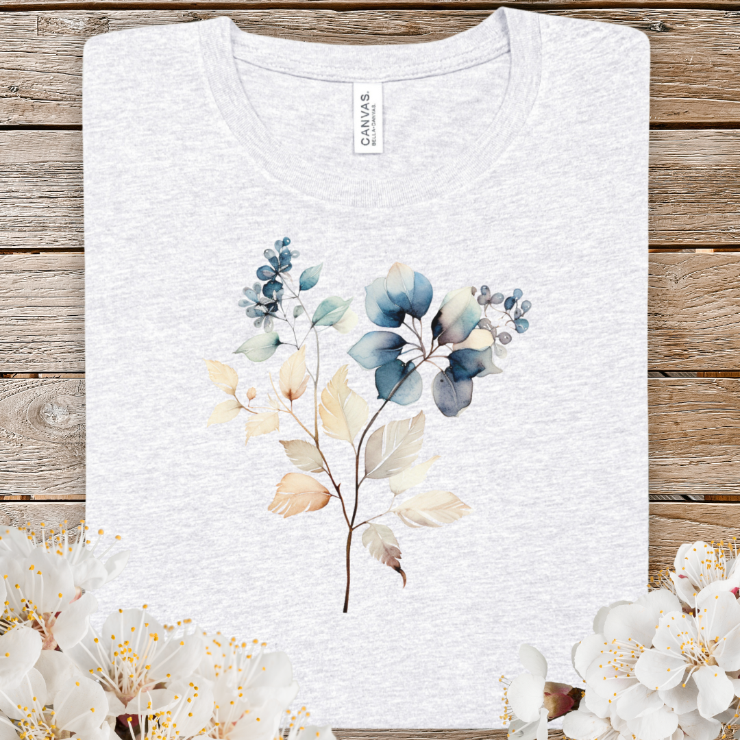 Spring Floral Watercolor Tee — Blue & Neutral Botanical Graphic T-Shirt