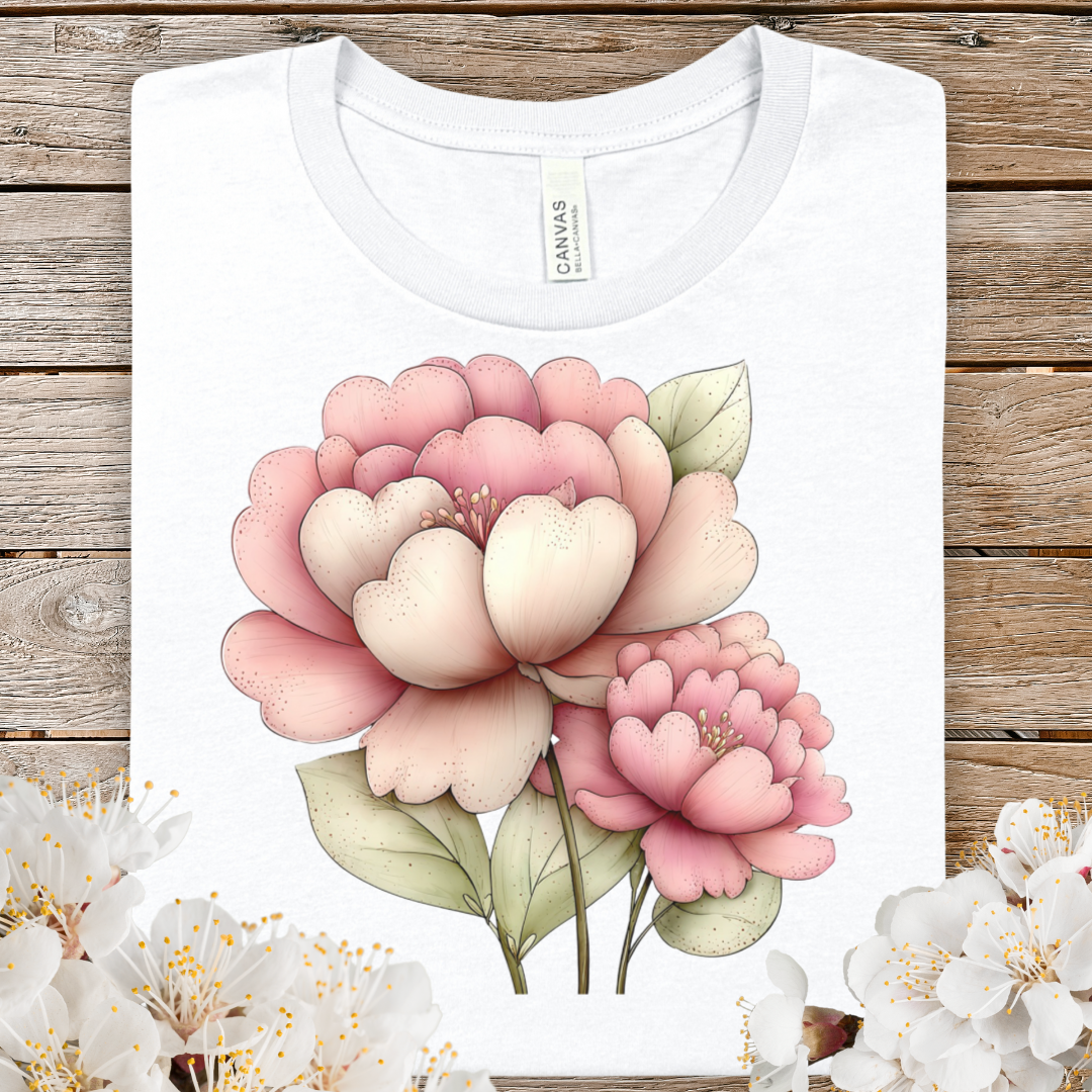 Spring Floral Peonies Tee — Soft Pink Watercolor Flower T-Shirt