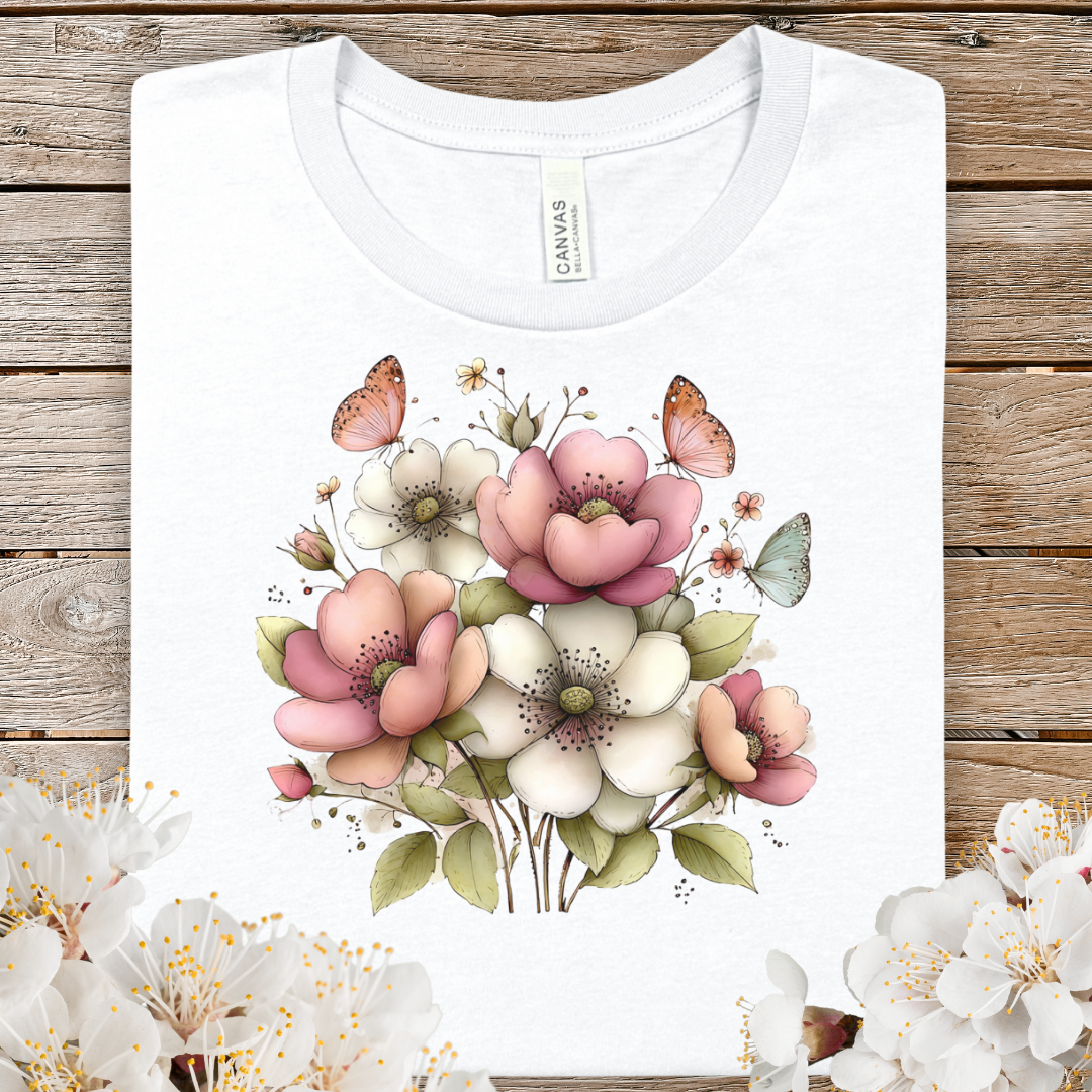 Spring Floral Watercolor Bouquet T‑Shirt — Pink & Cream Flowers with Butterflies
