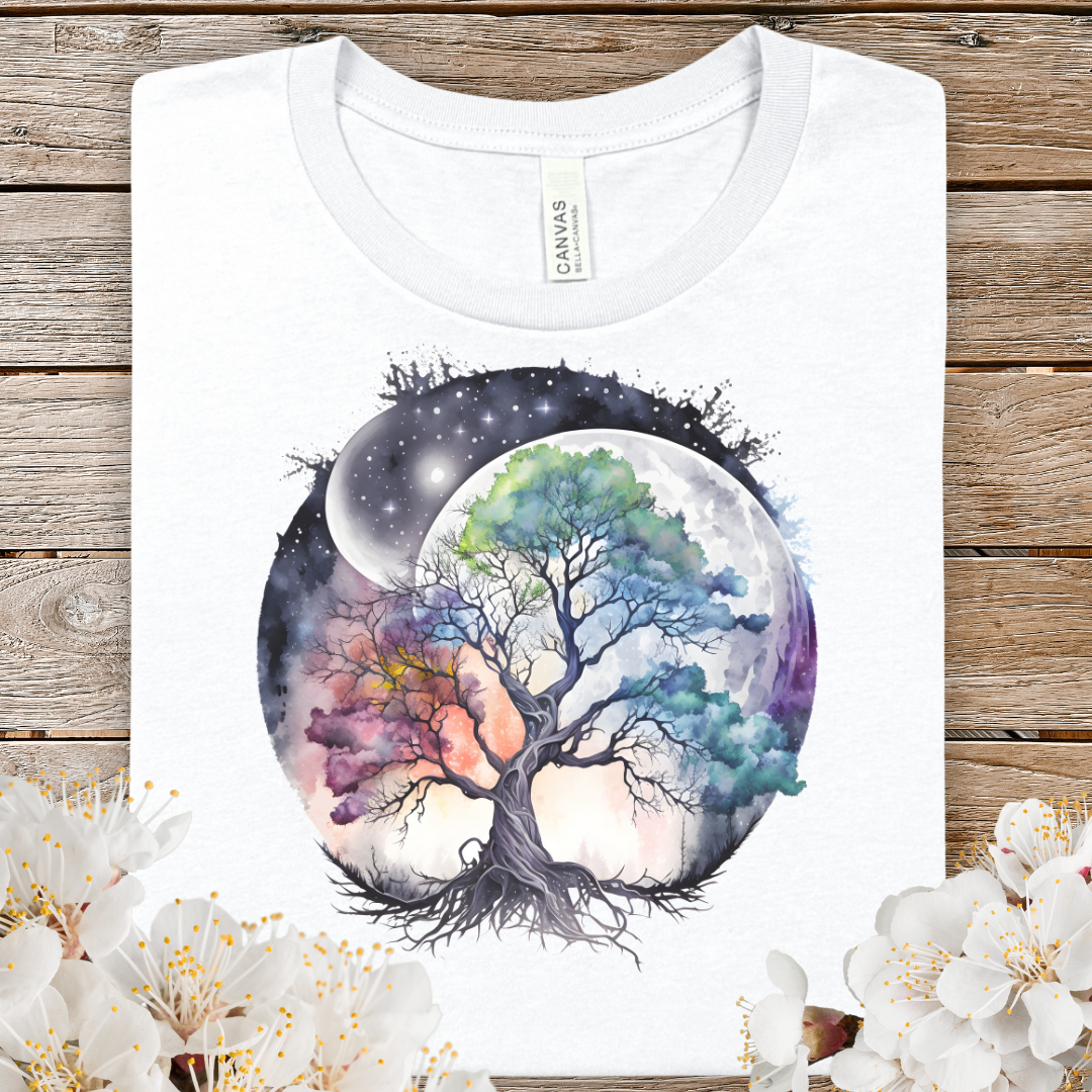 Spring Tree of Life Moon Tee — Watercolor Celestial Nature T-Shirt