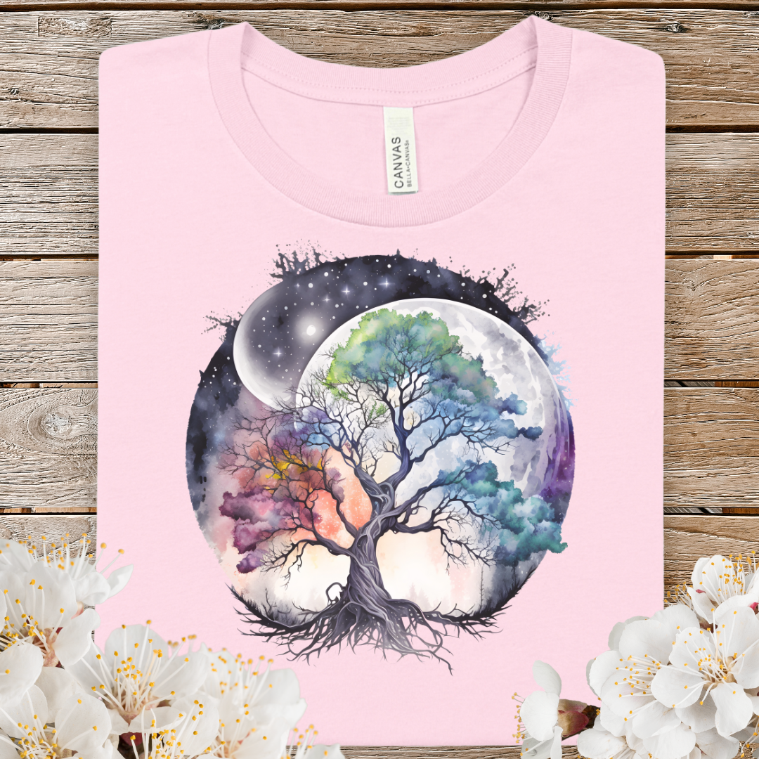 Spring Tree of Life Moon Tee — Watercolor Celestial Nature T-Shirt