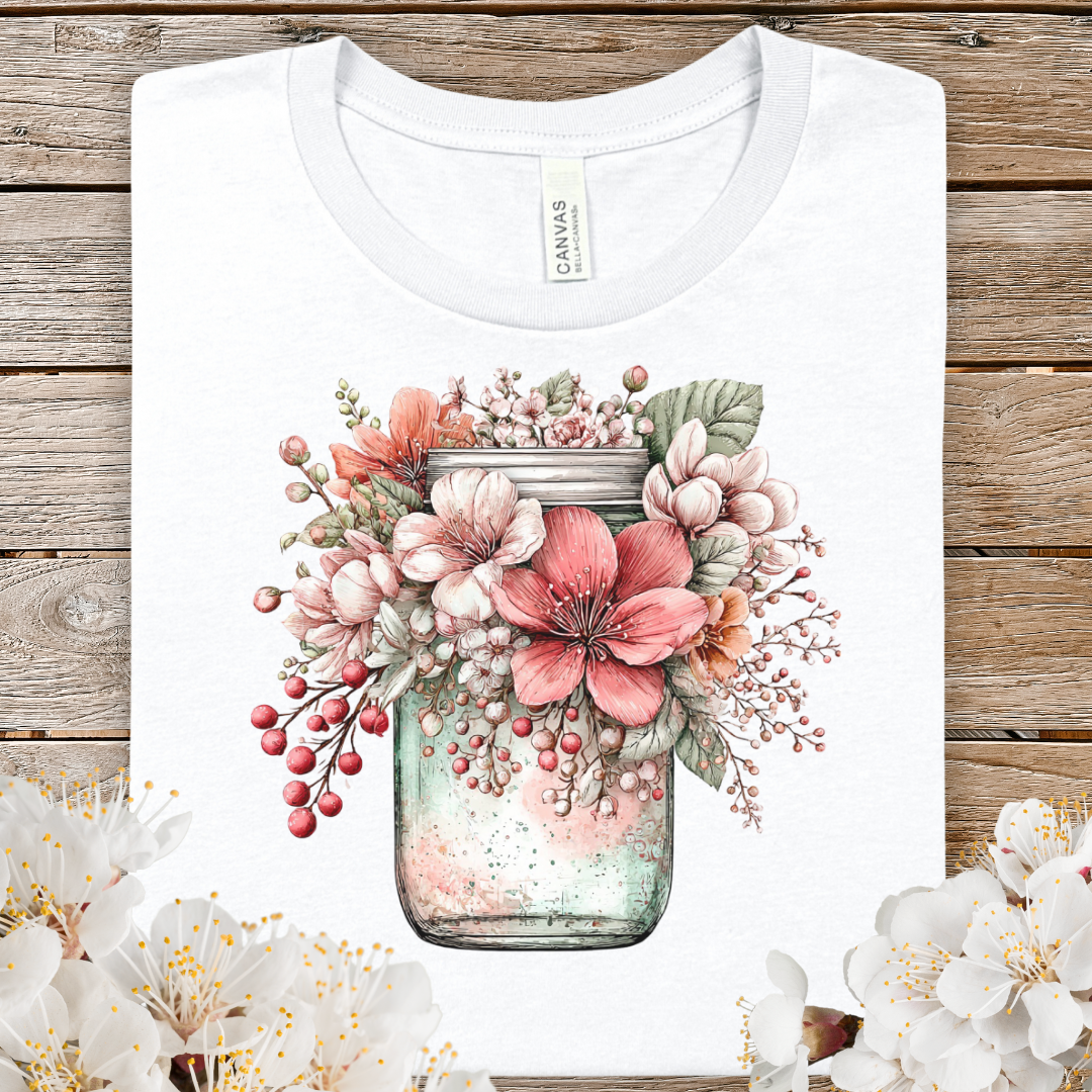 Spring Floral Mason Jar Tee — Vintage Wildflower Bouquet Graphic T-Shirt