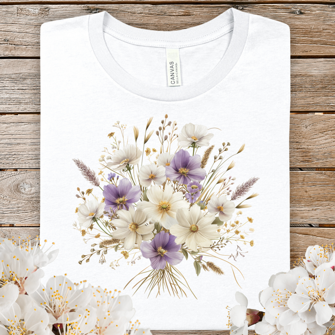Spring Floral Bouquet Tee — Purple & Cream Wildflower T-Shirt
