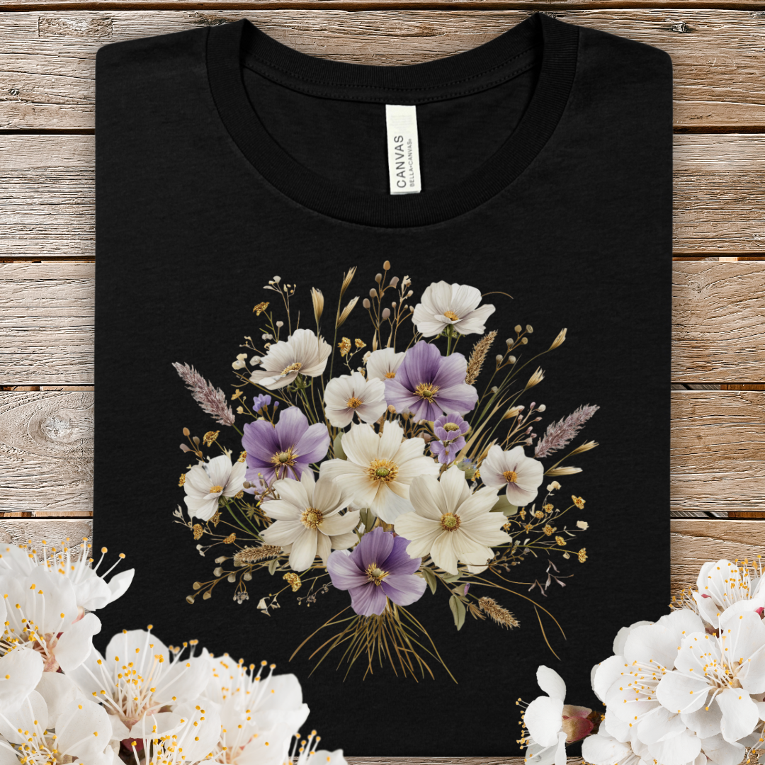 Spring Floral Bouquet Tee — Purple & Cream Wildflower T-Shirt