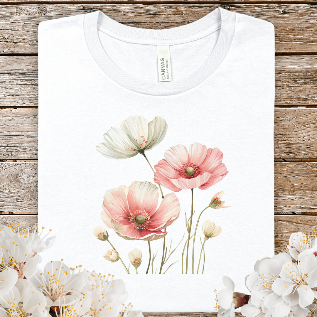 Spring Floral Poppy Tee — Watercolor Pink Poppies Short Sleeve Shirt