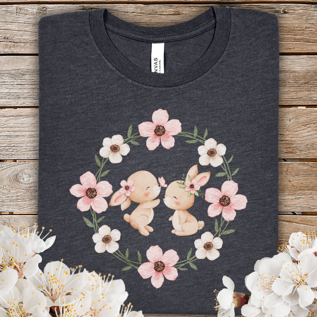 Spring Baby Bunny Floral Tee — Cute Pastel Bunnies with Pink Flower Wreath