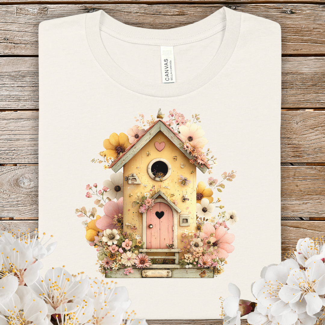 Birdhouse Floral T‑Shirt — Vintage Cottagecore Spring Tee