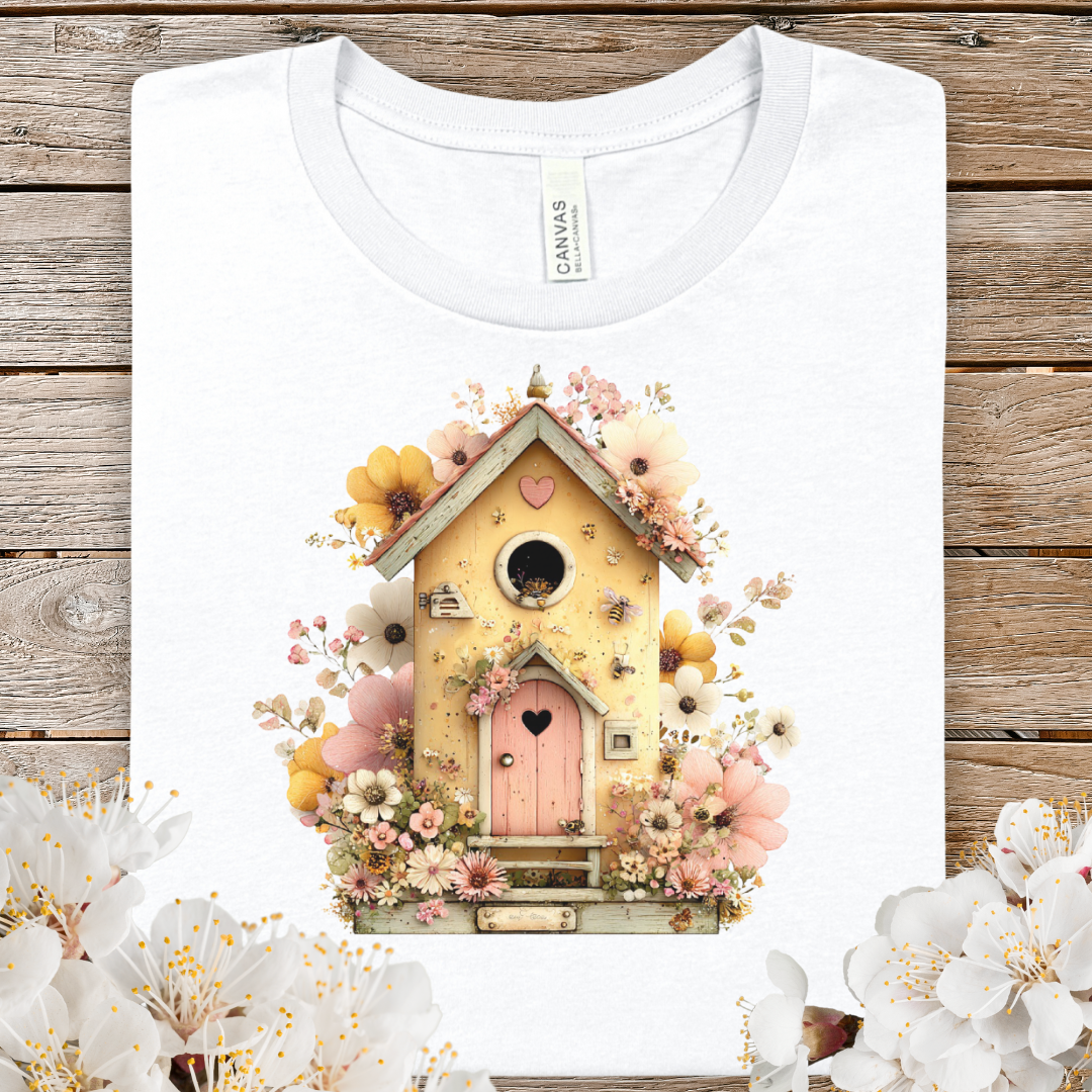 Birdhouse Floral T‑Shirt — Vintage Cottagecore Spring Tee