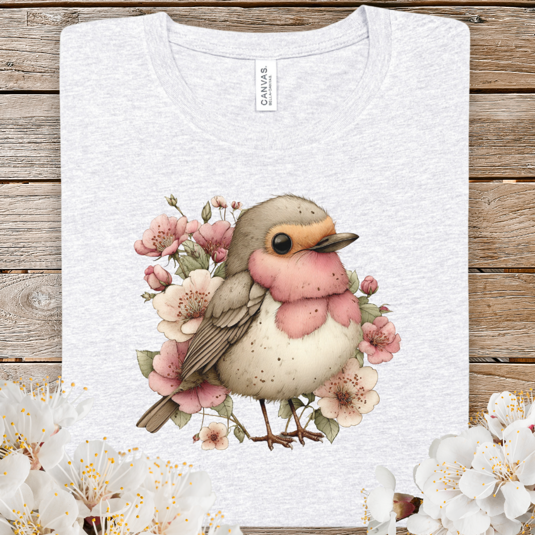 Cute Floral Robin T-Shirt — Vintage Bird Tee for Spring & Nature Lovers