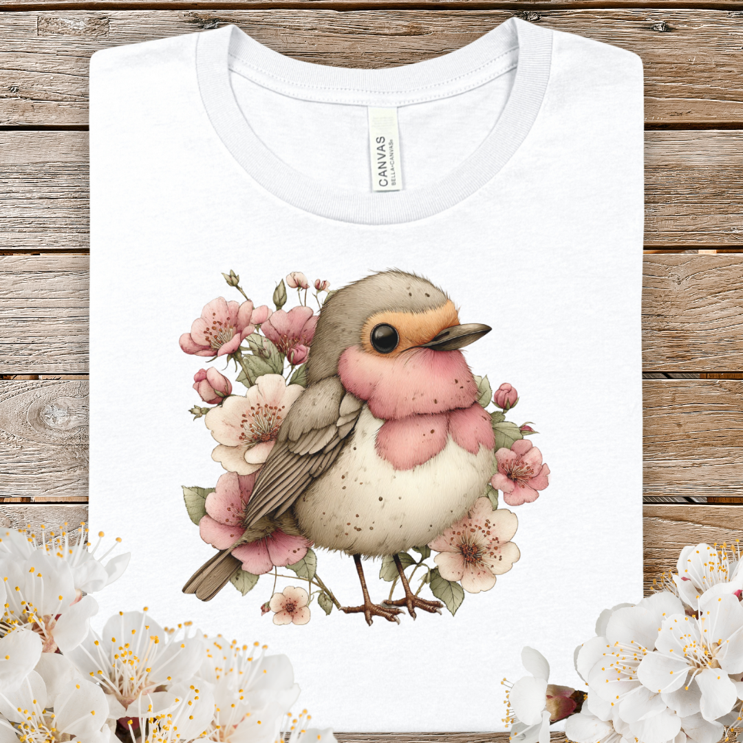 Cute Floral Robin T-Shirt — Vintage Bird Tee for Spring & Nature Lovers