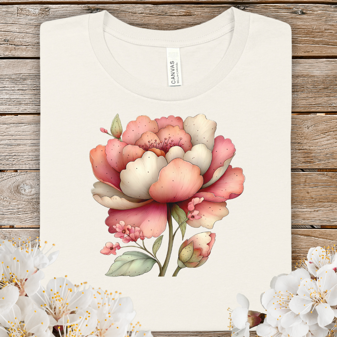 Spring Floral Peony Tee — Vintage Watercolor Pink Flower T-Shirt