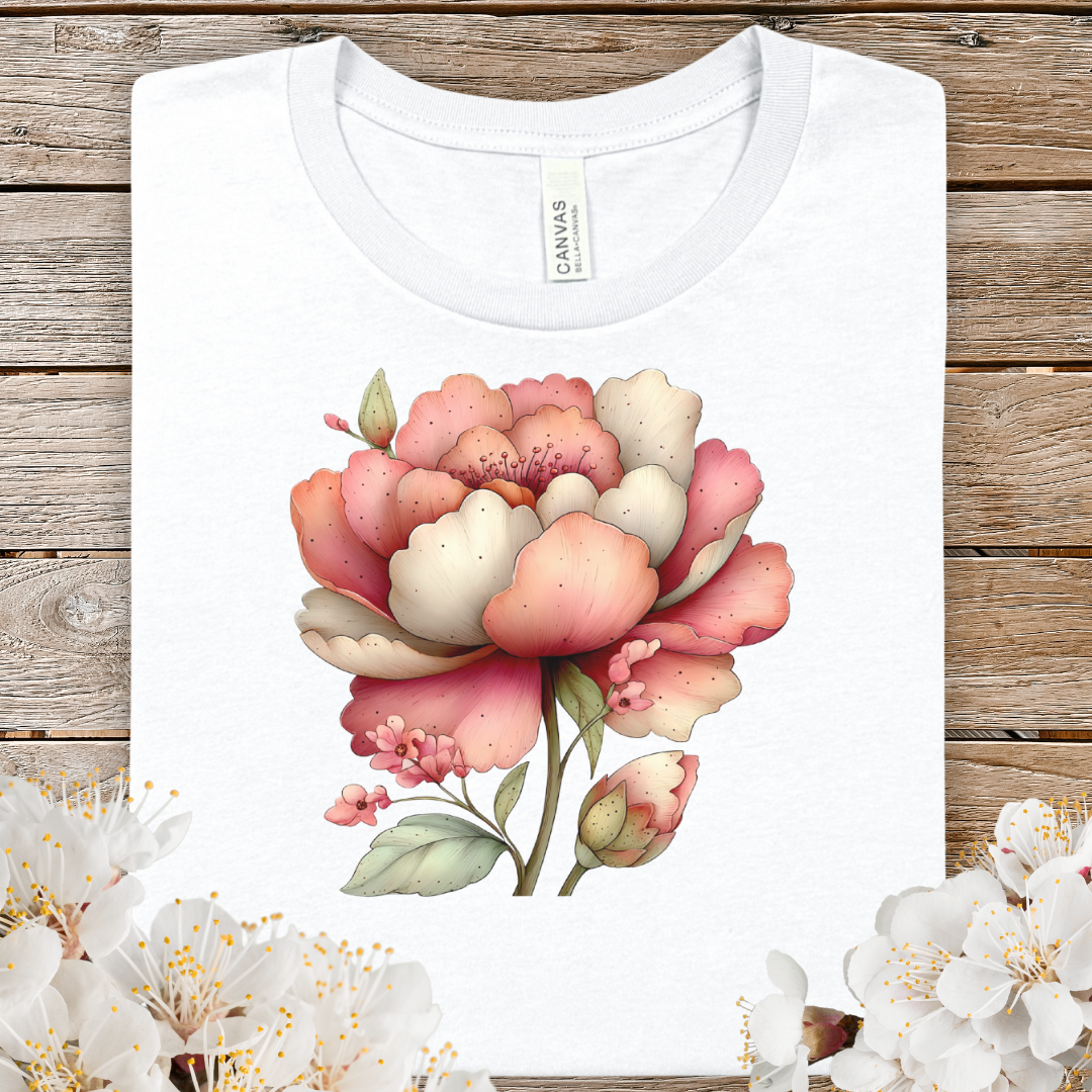 Spring Floral Peony Tee — Vintage Watercolor Pink Flower T-Shirt
