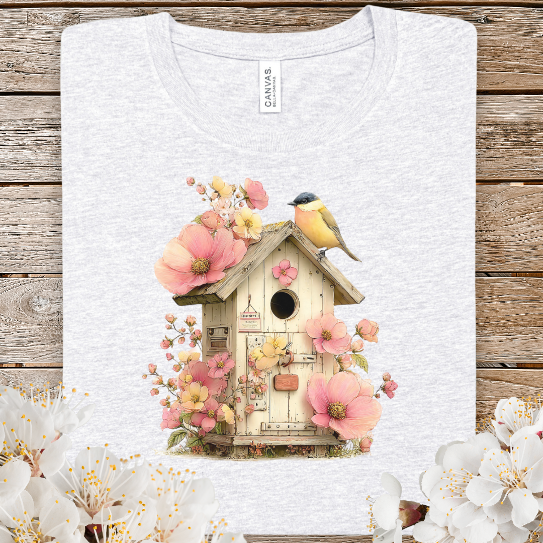 Spring Birdhouse & Blossoms T‑Shirt — Vintage Floral Bird Tee