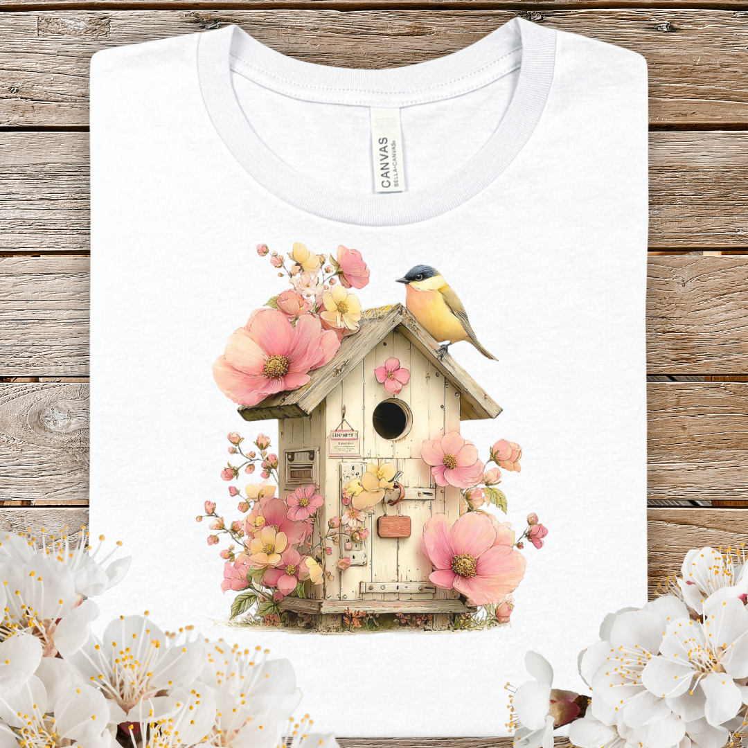 Spring Birdhouse & Blossoms T‑Shirt — Vintage Floral Bird Tee