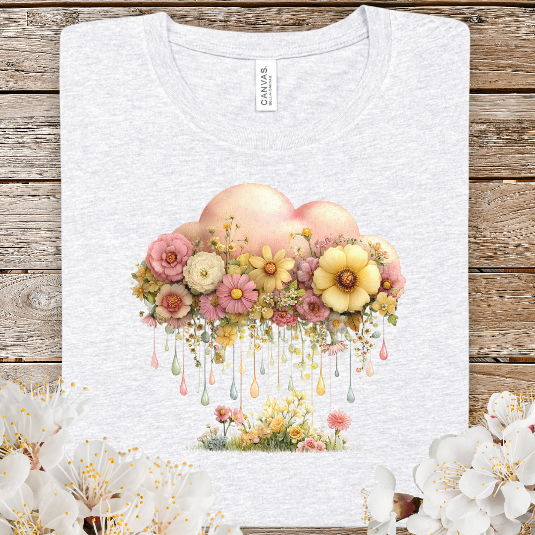 Spring Floral Cloud Tee — Vintage Pastel Flowers Rain Graphic T-Shirt