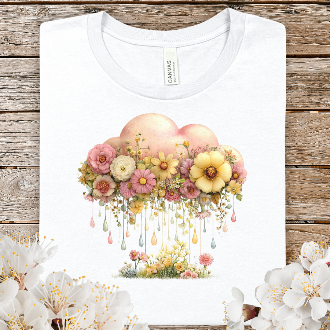 Spring Floral Cloud Tee — Vintage Pastel Flowers Rain Graphic T-Shirt