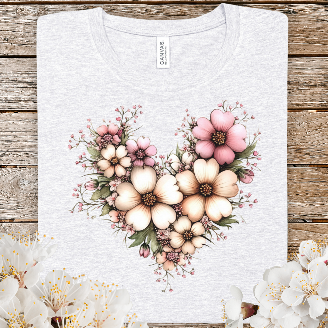 Spring Floral Heart T‑Shirt — Pink & Cream Flower Heart Tee