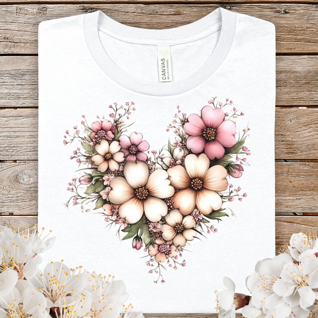 Spring Floral Heart T‑Shirt — Pink & Cream Flower Heart Tee