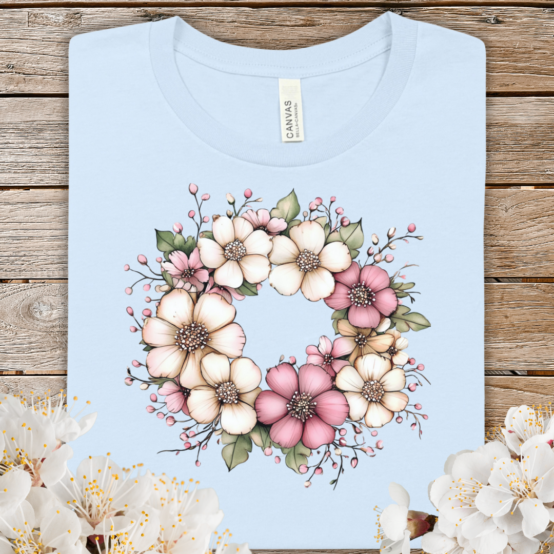 Spring Floral Wreath Tee — Pastel Pink & Cream Flower Graphic T-Shirt