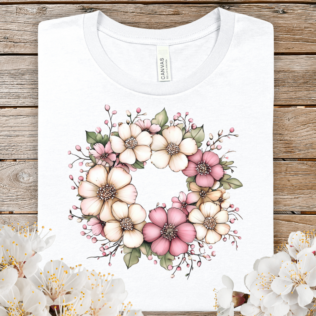Spring Floral Wreath Tee — Pastel Pink & Cream Flower Graphic T-Shirt