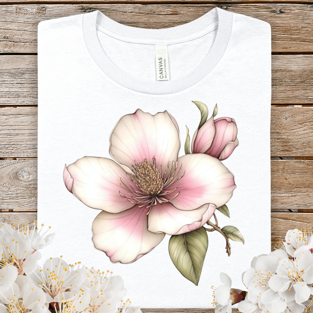 Spring Floral Magnolia Tee — Pink Botanical Short Sleeve Shirt