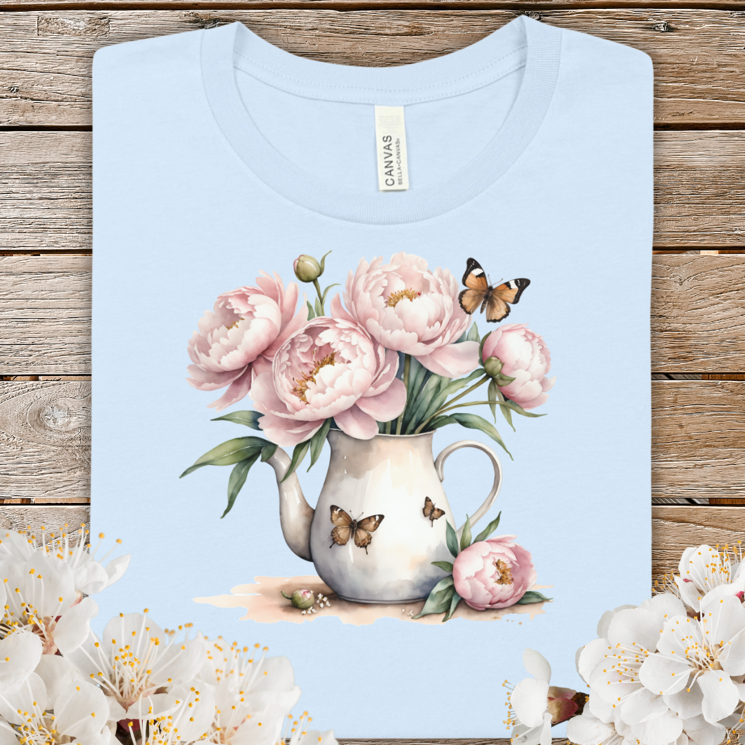 Spring Floral Teapot Peonies T-Shirt — Vintage Pink Flowers & Butterflies Tee