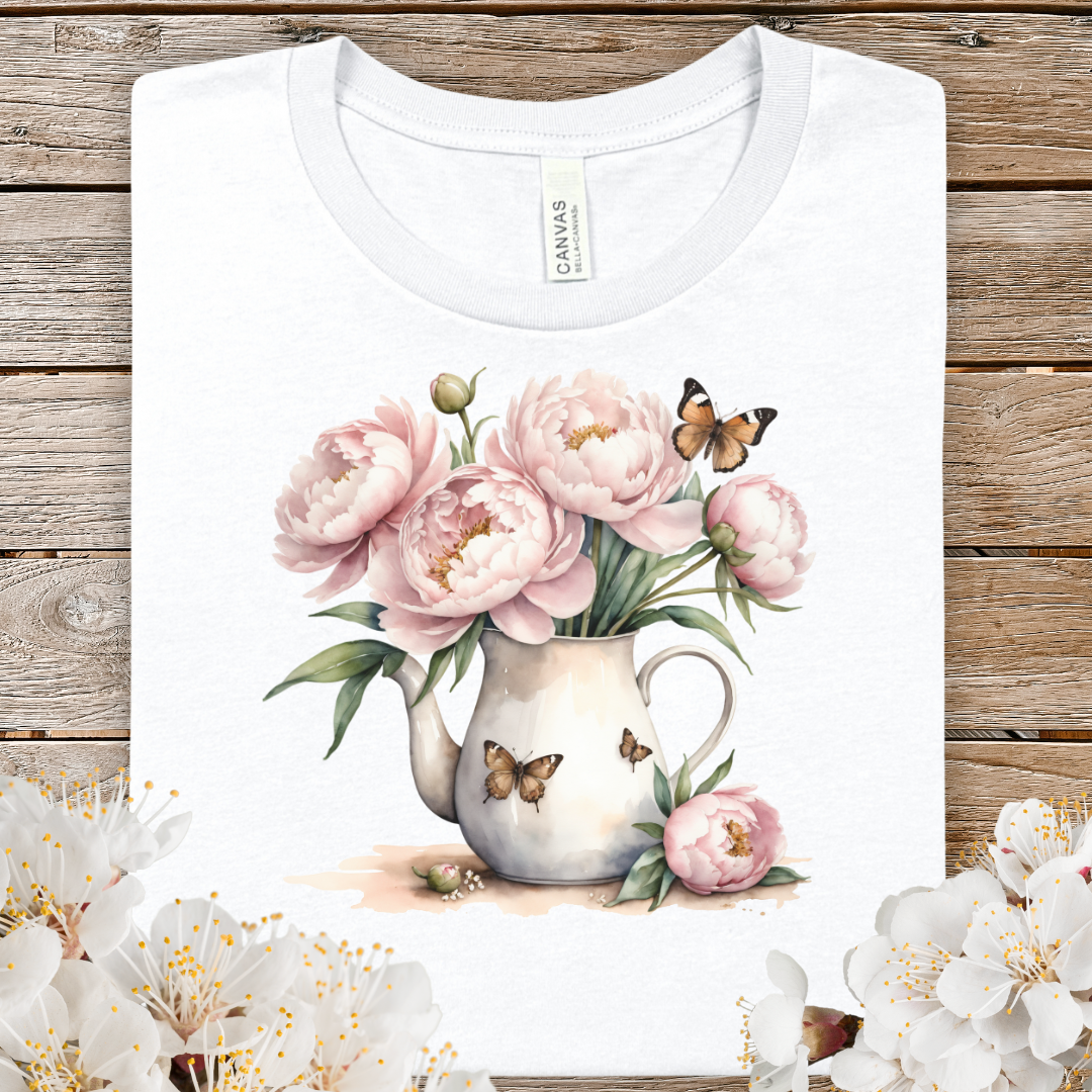 Spring Floral Teapot Peonies T-Shirt — Vintage Pink Flowers & Butterflies Tee