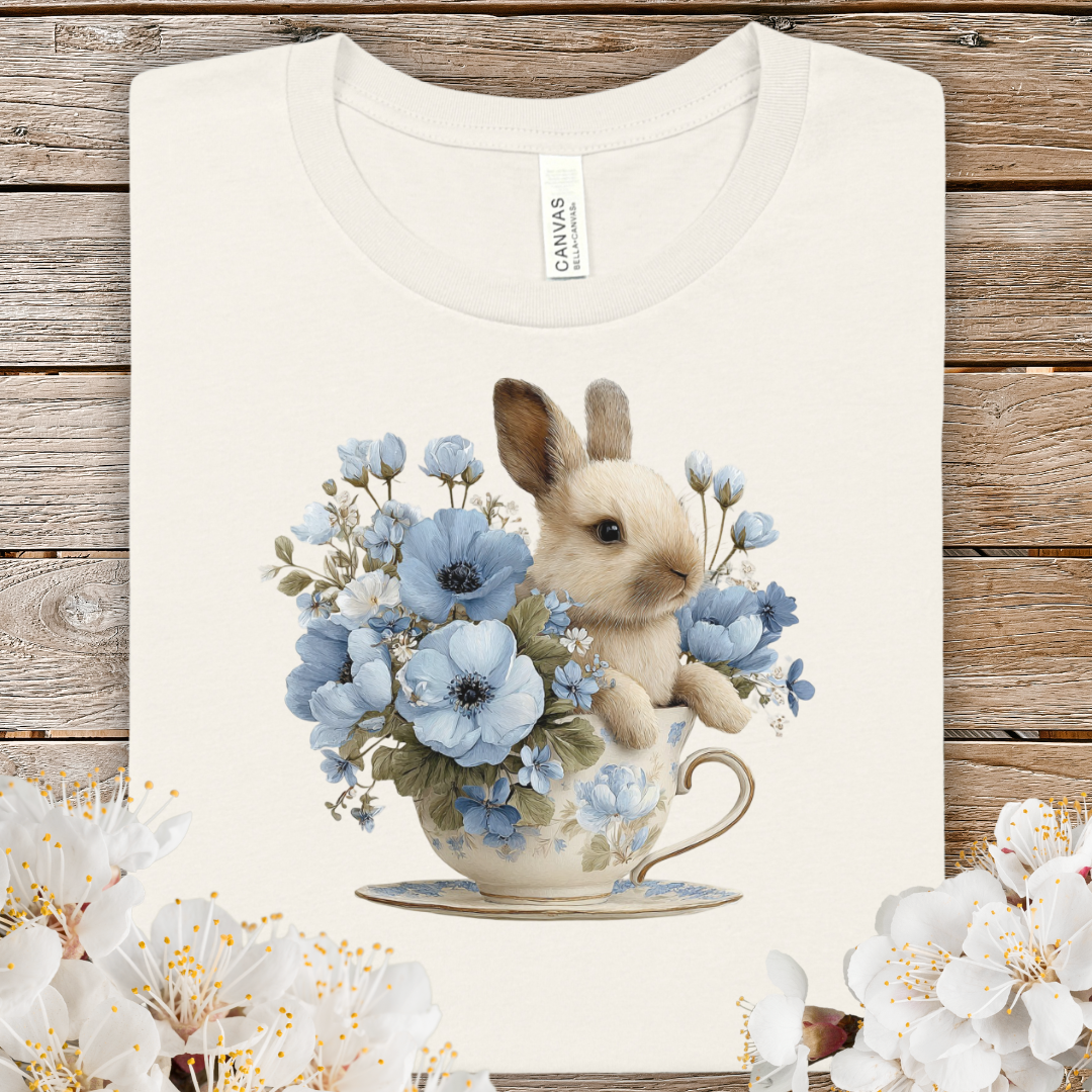 Spring Bunny in Teacup Tee — Cute Floral Rabbit Graphic T-Shirt