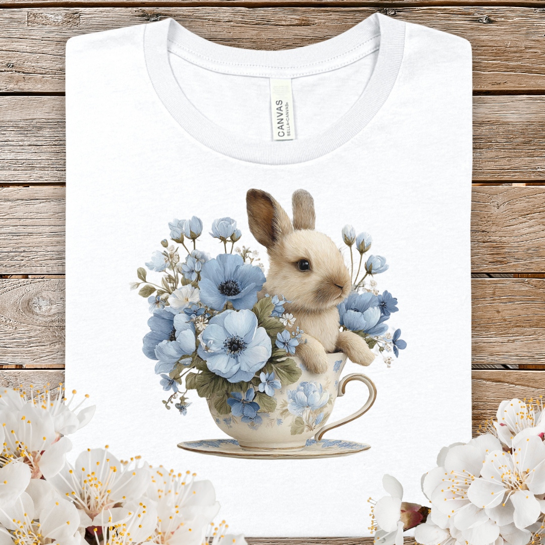 Spring Bunny in Teacup Tee — Cute Floral Rabbit Graphic T-Shirt