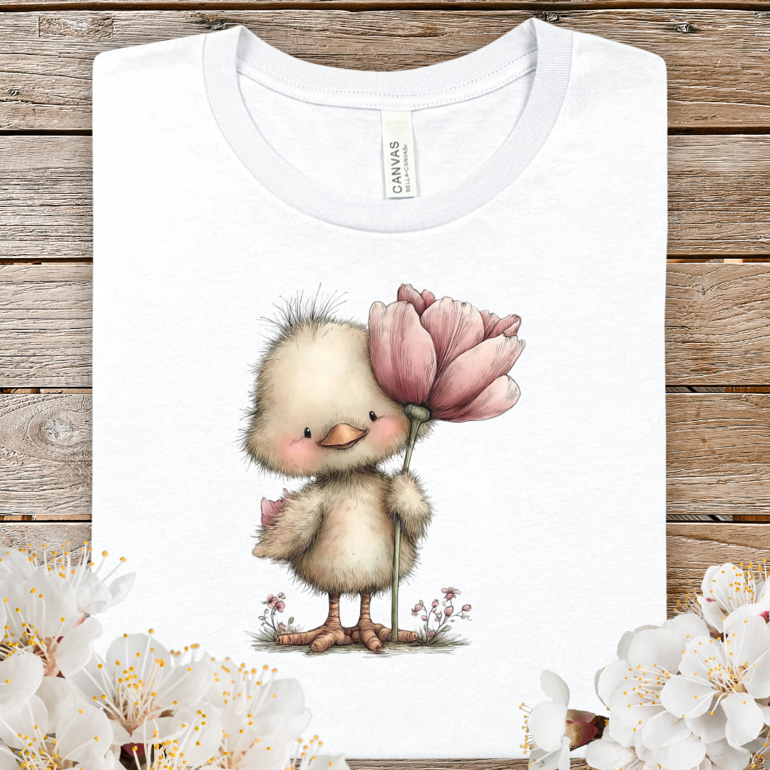 Cute Chick with Pink Tulip T-Shirt — Adorable Spring Baby Bird Tee