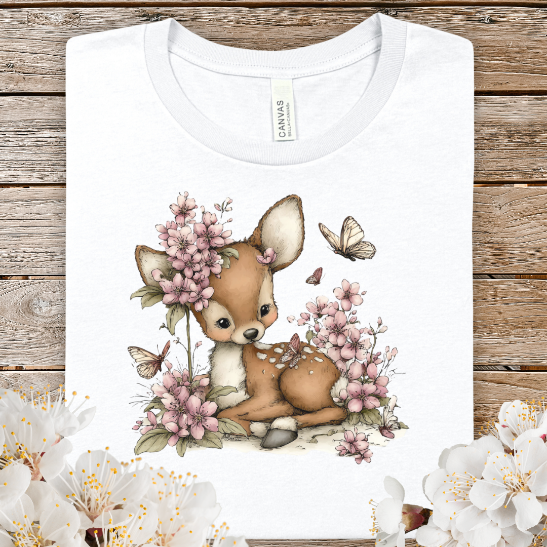 Cute Spring Baby Deer Tee — Floral Fawn Graphic T-Shirt