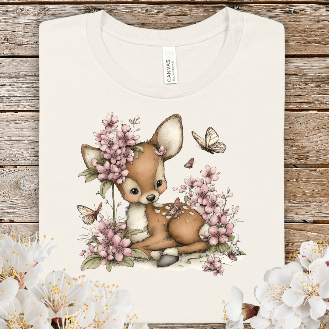 Cute Spring Baby Deer Tee — Floral Fawn Graphic T-Shirt
