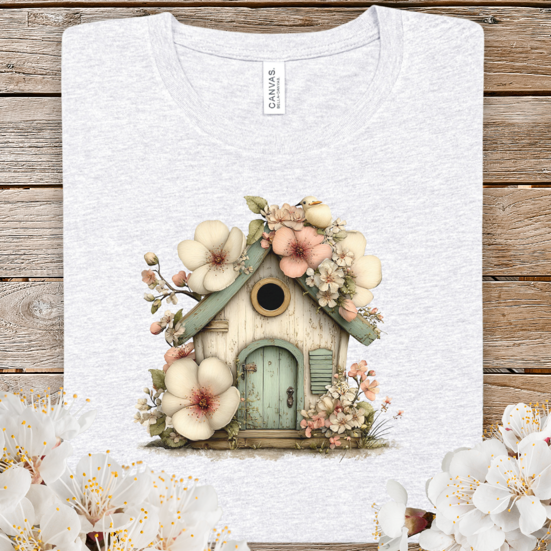 Floral Spring Birdhouse T-Shirt — Cottagecore Garden Tee