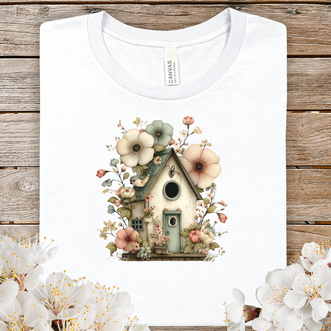Spring Floral Birdhouse Tee — Vintage Cottagecore Garden T-Shirt