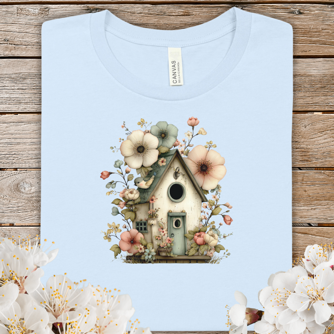 Spring Floral Birdhouse Tee — Vintage Cottagecore Garden T-Shirt