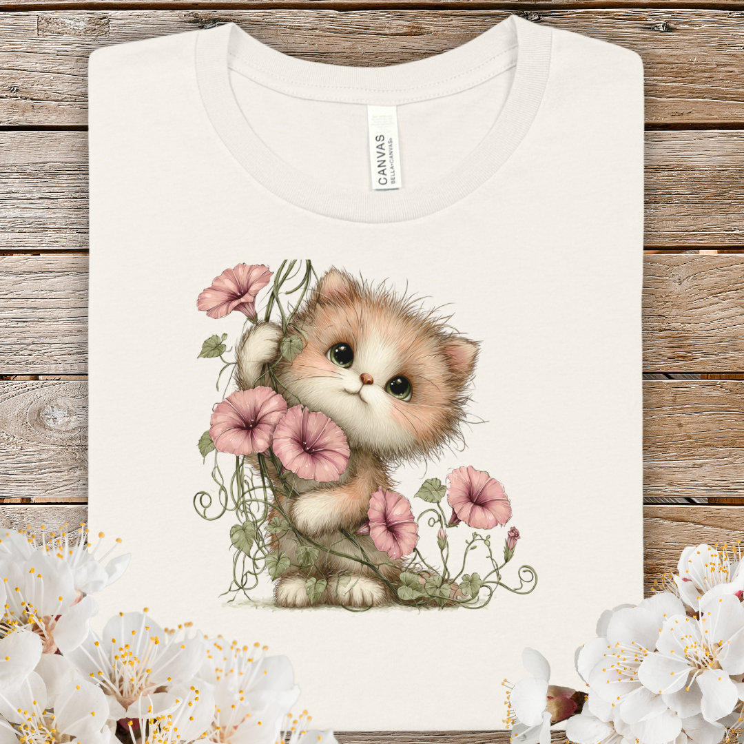 Cute Spring Kitten Floral T-Shirt — Adorable Cat Holding Pink Flowers Tee