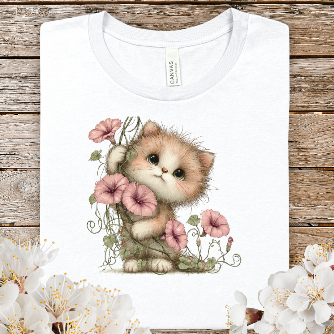 Cute Spring Kitten Floral T-Shirt — Adorable Cat Holding Pink Flowers Tee