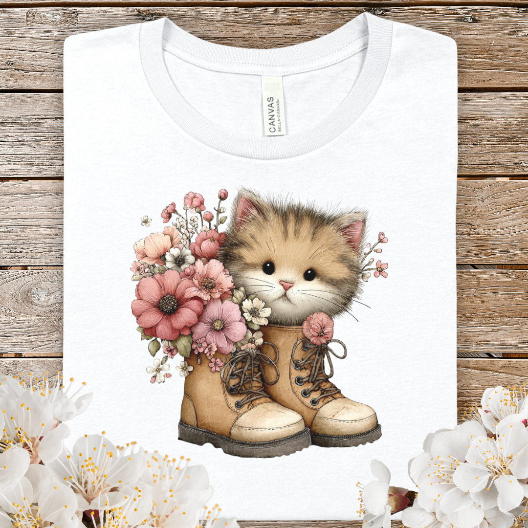 Cute Spring Kitty in Boots T‑Shirt — Floral Cat Graphic Tee