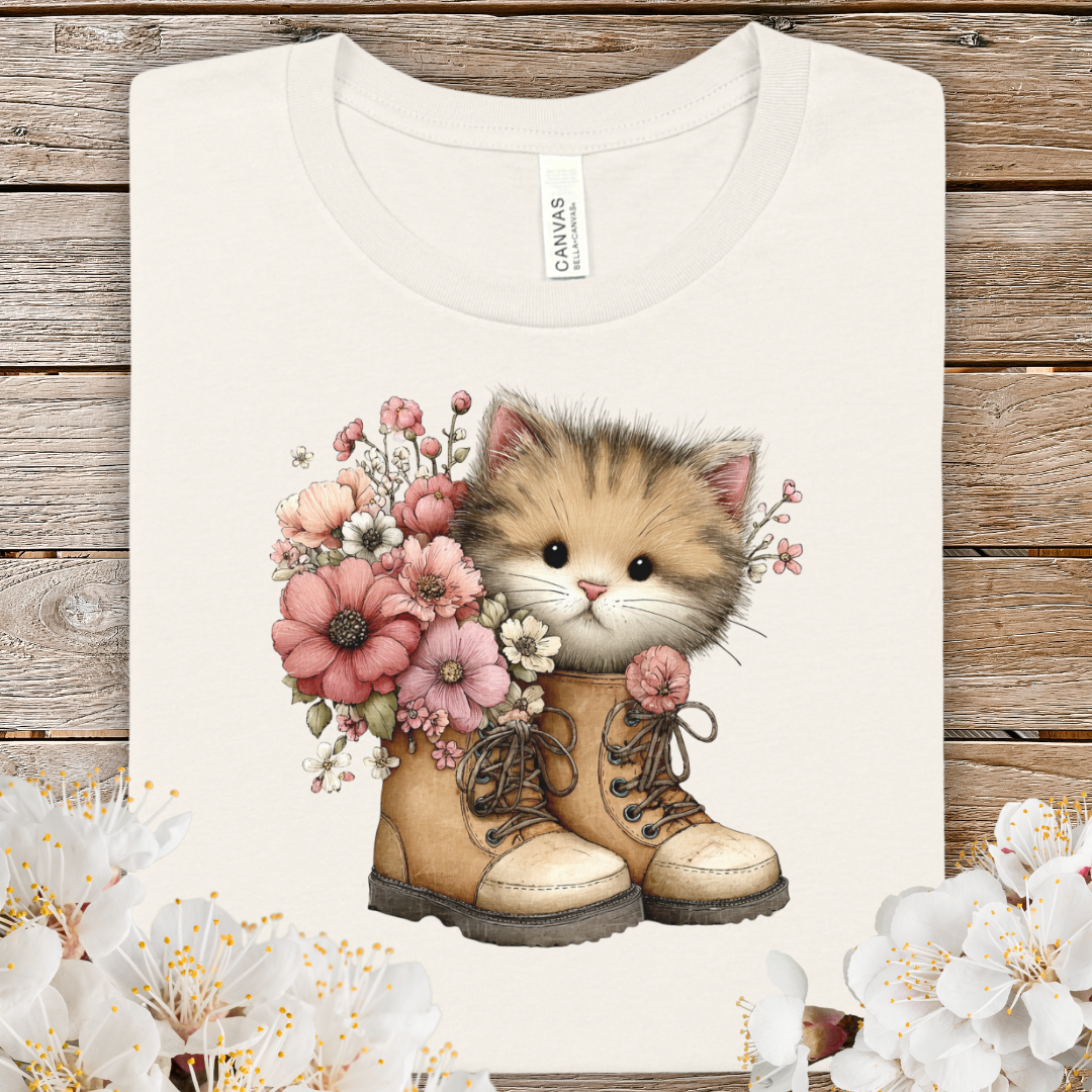Cute Spring Kitty in Boots T‑Shirt — Floral Cat Graphic Tee