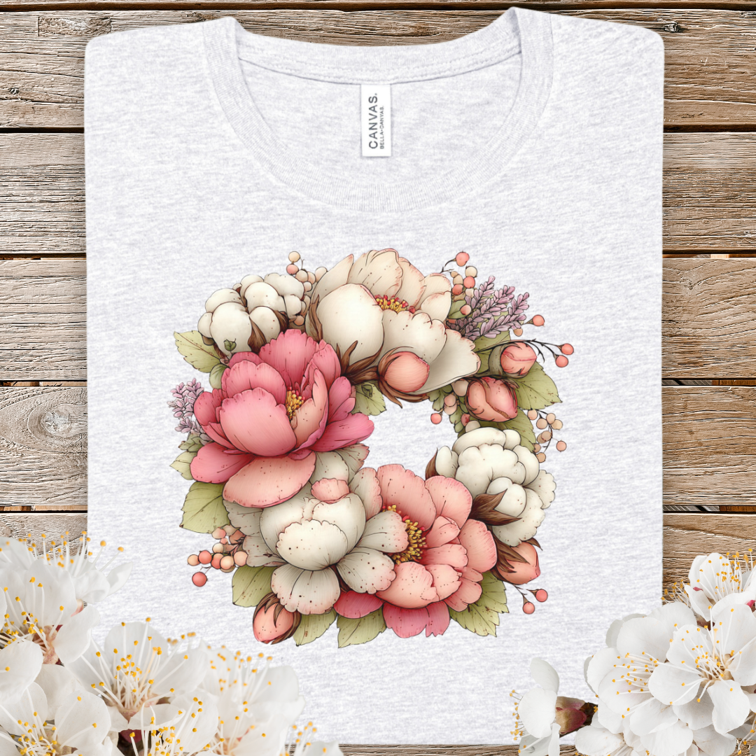 Floral Spring Wreath Tee — Pink Peony & Cotton Blossom Graphic T-Shirt