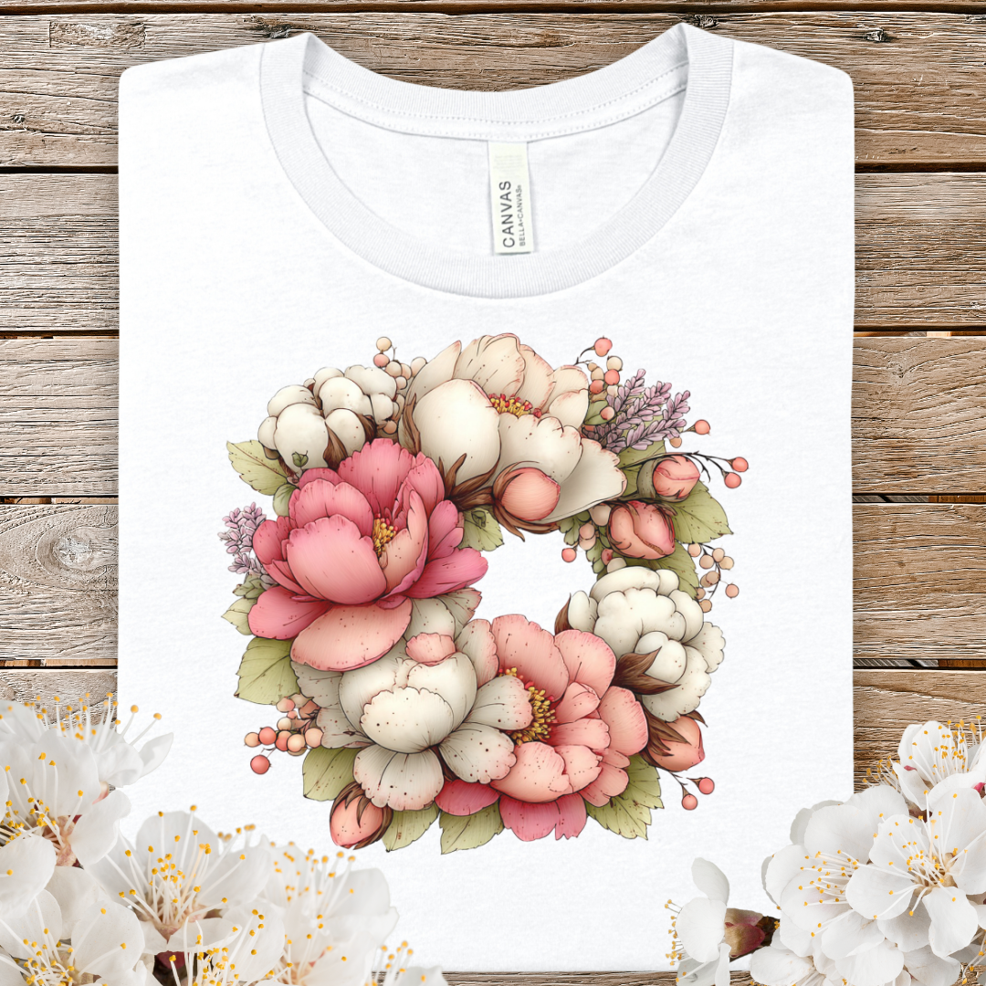 Floral Spring Wreath Tee — Pink Peony & Cotton Blossom Graphic T-Shirt