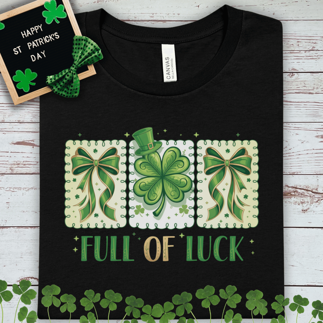 Full Of Luck St. Patrick's Day Graphic Tee: Shamrock & Bow Design